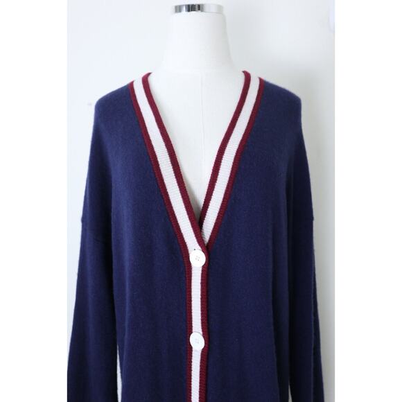 Equipment Size L Cashmere Cardigan Sweater Button Front Navy Red White Stripe - Picture 2 of 12